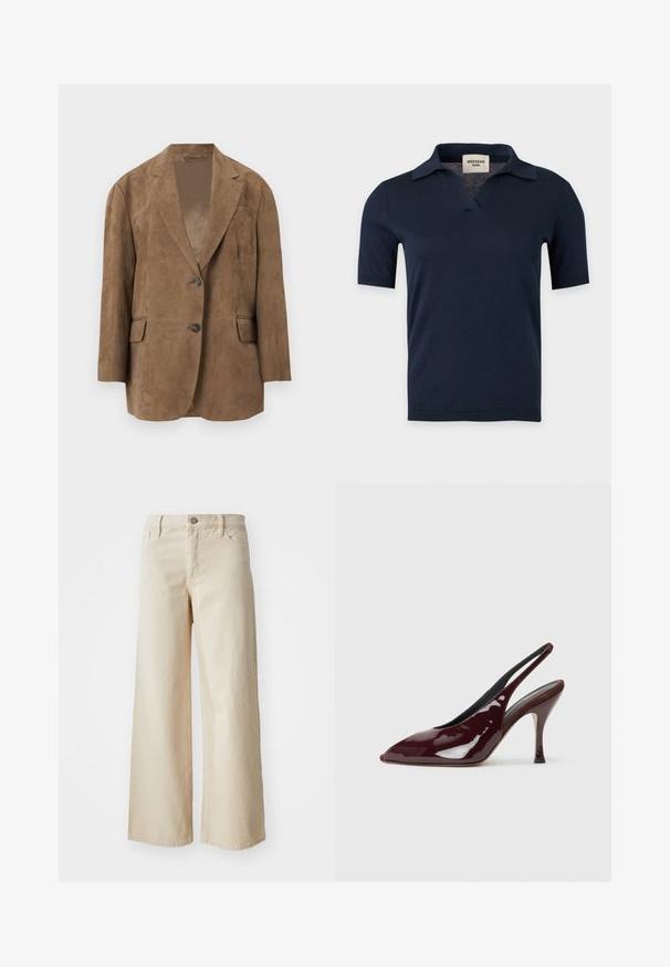 Blazer en suède marron avec revers crantés, deux boutons, poches à rabat et une poche poitrine passepoilée, présenté de face sur fond uni.; Chemise en maille bleu marine à manches courtes avec un petit col ouvert et un col en V, présentée sur un fond gris clair uni.; Jean large beige en denim, avec une taille haute, fermeture à bouton, passants de ceinture et poches latérales. Texture lisse et coupe décontractée.; NEOUS HAMAL - Escarpins à talons hauts - dark chocolate