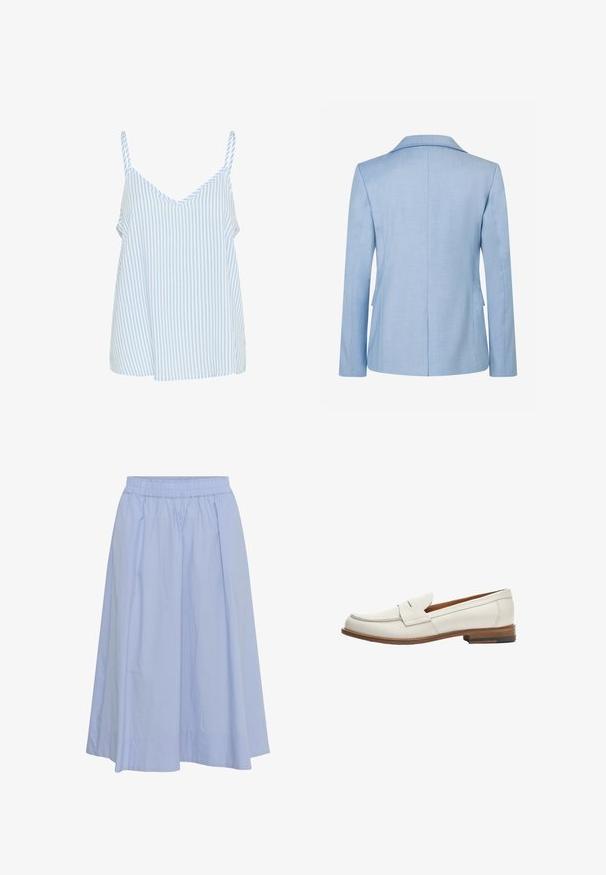 Lichtblauw getailleerd colbert gezien vanaf de achterkant met lange mouwen en een schouderkraag op een witte achtergrond.; Blauw en wit gestreepte tanktop met dunne schouderbandjes, met een V-hals ontwerp en een losse, vloeiende vorm. Zachte stof textuur.; Lichtblauwe A-lijn rok tot op de knie met elastische tailleband en zachte plooien, getoond tegen een effen witte achtergrond.; Witte leren instapper met een lage, gestapelde houten hak, voorzien van een gestikte moccasinontwerp en een gevouwen voorklep.