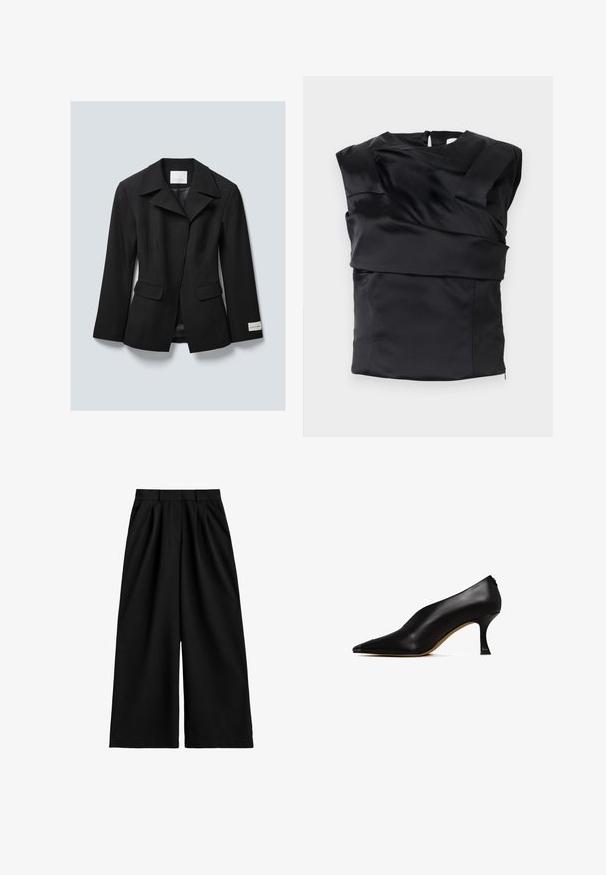 Sort skræddersyet blazer med brede klapper, to frontlommer med klap og et mærke på venstre ærme, præsenteret på en lys grå baggrund.; Sort satin top med en struktureret design, brede skuldre og en asymmetrisk frontpanel, lukket med en lynlås i ryggen.; Sorte bukser med vide ben og høj talje, udstyret med bæltestropper, frontplisseringer og en ren, glat stoffinish.; Sorte læder højhælede sko med spids tå og en slank, buet hæl. Har en glat tekstur og et minimalistisk design.