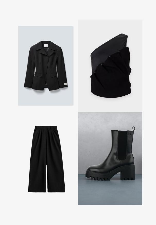 Blazer negro a medida con solapas anchas, dos bolsillos frontales con solapa y una etiqueta de la marca en el puño izquierdo, exhibido sobre un fondo gris claro.; Top asimétrico negro que presenta un panel de cuero liso y un tejido de punto texturizado con detalles fruncidos y botones a presión.; Pantalones negros de pierna ancha y cintura alta con pasadores para cinturón, pliegues delanteros y un acabado de tela limpio y suave.; Botín de cuero negro hasta el tobillo con puntera redonda, suela de plataforma gruesa y acentos de malla en los laterales. Cuenta con una lengüeta para facilitar el calzado.