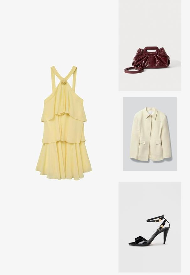Blazer a medida color crema con cuello con muesca, cierre frontal oculto, dos bolsillos con solapa con detalle de botonadura y un bolsillo de ojal en el pecho.; Vestido amarillo de capas con un diseño fluido, que presenta tirantes finos y una parte trasera fruncida. Acentuado con un detalle de flor en los tirantes.; Sандalia de tacón alto de charol negro con dobles correas en el tobillo y hebillas doradas, punta abierta y tacón delgado y afilado sobre un fondo neutro.; Pequeño bolso de mano de cuero rojo oscuro con textura fruncida, asa rectangular con recorte para la mano y correa de hombro desmontable sobre fondo blanco.