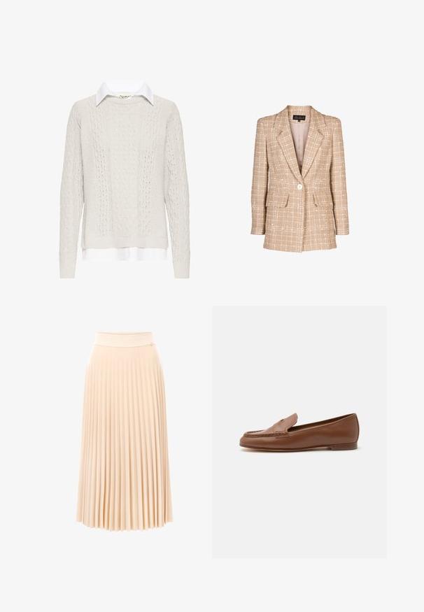 Blazer en tweed beige avec un motif à carreaux, fermeture à boutons à l'avant et deux poches à rabat. Dispose d'un col à revers et de manches longues.; Pull crème en maille torsadée avec une chemise à col blanc en dessous. Comprend des manches longues, des poignets et un ourlet côtelés. Motif tricoté texturé.; Jupe midi plissée en tissu pêche doux. Elle présente une ceinture texturée et une coupe fluide avec des plis verticaux. Matière lisse et légère.; Mocassin classique en cuir marron avec petit talon et détail de bout moc cousu, présenté de profil sur fond blanc.