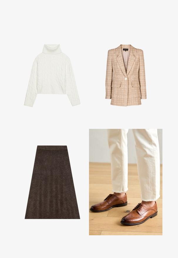 Blazer en tweed beige avec un motif à carreaux, fermeture à boutons à l'avant et deux poches à rabat. Dispose d'un col à revers et de manches longues.; Pull à col roulé en maille blanche, avec une coupe courte, doté de poignets et d'un ourlet côtelés. Texture douce avec un design épais et confortable.; Jupe en tricot marron avec une conception évasée, une taille élastique et une texture subtile. Le tissu semble doux et chaud.; Chaussures brogues en cuir marron avec des détails perforés, bout arrondi et finition lisse, associées à un pantalon crème à ourlet effiloché.