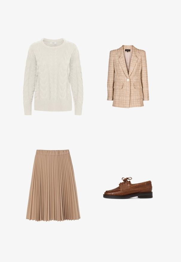 Beige tweed blazer med et tjekket mønster, frontknaplukning og to klaplommer. Har en smal krave og lange ærmer.; Lys grå kabelstrikket sweater med rund hals, teksturerede mønstre og ribstrikkede manchetter og kant. Lavet af blødt, chunky garn.; Plisseret nederdel lavet af blødt beige stof; har en elastisk talje og et svævende design med smalle, jævne folder overalt.; Brune læder herresko med snørebånd, tekstureret slangeskinds mønster og mørk sål, vist i profil på hvid baggrund.