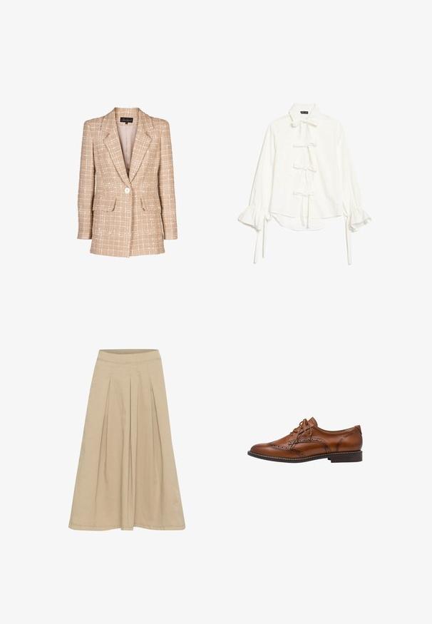 Blazer de tweed beige con un patrón de cuadros, cierre frontal con botones y dos bolsillos de solapa. Presenta un cuello con muesca y mangas largas.; Blusa blanca con mangas largas con volantes y cinco lazos delanteros atados, con cuello clásico y dobladillo ligeramente asimétrico.; Falda plisada beige con una textura suave, diseño hasta las rodillas y una cinturilla ajustada. Fabricada en un tejido ligero con detalles de costura sutiles.; Zapato Oxford brogue de cuero marrón con detalles de ala, perforaciones, cordones y tacón bajo apilado sobre fondo blanco.