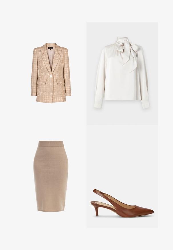 Beige tweed blazer med et tjekket mønster, frontknaplukning og to klaplommer. Har en smal krave og lange ærmer.; Lys beige bluse med lange ærmer, høj krave og en stor sløjfe ved halsen. Glat tekstur og let løs pasform.; Beige tætsiddende blyantnederdel med en ribbet talje, glat tekstur og knælangt design. Velegnet til alsidige stylingmuligheder.; Brun lædersko til kvinder med slingback, spids tå og lav kittenhæl på hvid baggrund.