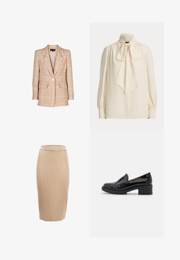 Beige tweed blazer med et tjekket mønster, frontknaplukning og to klaplommer. Har en smal krave og lange ærmer.; Langærmet bluse i cremefarve med høj krave og stor bundet sløjfe ved halsen, med rynkede skuldre og knapmanchetter.; INFLUENCER Pencil skirt - beige; Sorte patenterede lædersko med en lav, chunky hæl, der har en frontrem detail og en tekstureret gummisål for godt greb.