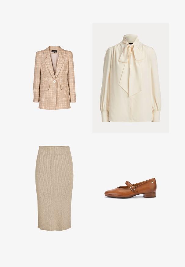 Blazer de tweed beige con un patrón de cuadros, cierre frontal con botones y dos bolsillos de solapa. Presenta un cuello con muesca y mangas largas.; Blusa de manga larga de color crema con cuello alto y gran lazo atado en el cuello, con hombros fruncidos y puños con botones.; Falda de punto en color beige claro con textura de canalé vertical, de longitud a la rodilla, con cintura elástica y corte recto.; Zapato Mary Jane de cuero marrón con tacón bajo de bloque y correa ajustable con hebilla sobre fondo blanco.