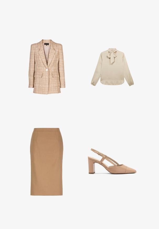 Beige tweed blazer met een geruit patroon, frontknopen, en twee klepzakken. Bevat een ingevallen kraag en lange mouwen.; Beige blouse met lange mouwen en een strikdetail bij de halslijn, gladde textuur, en geraffineerde manchetten, met een afgeronde zoom.; Beige kokerrok tot op de knie met een hoge taille en subtiele naaddetails aan de voorkant.; Beige leren slingback hakken met een spitse neus, blokhak en riem met een kleine gouden gesp. Gladde textuur, minimalistisch ontwerp.