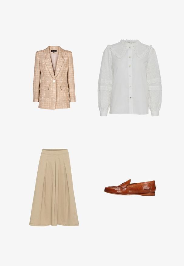 Blazer de tweed beige con un patrón de cuadros, cierre frontal con botones y dos bolsillos de solapa. Presenta un cuello con muesca y mangas largas.; Blusa blanca con cuello fruncido, cierre de botones en el frente y detalles de ojo de perdiz bordados en las mangas abullonadas. Presenta un brillo sutil y una textura suave.; Falda plisada beige con una textura suave, diseño hasta las rodillas y una cinturilla ajustada. Fabricada en un tejido ligero con detalles de costura sutiles.; Melvin & Hamilton Zapatos sin cordones - brown