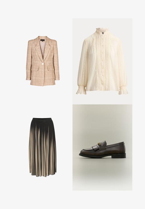 Beige tweed blazer med et tjekket mønster, frontknaplukning og to klaplommer. Har en smal krave og lange ærmer.; Langærmet bluse i cremefarve med flæsekant ved krave og manchetter, knaplukning foran, lodrette folder og blondekantdetaljer.; Fald midi med plissering i sort og beige med høj elastisk talje, der har lodrette striber og en strømlinet design, der giver bevægelse.; Mørkebrun læderloafer med frynser og guldbeslag på sort sål, vist fra siden på en neutral baggrund.