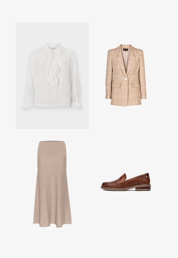 Blazer en tweed beige avec un motif à carreaux, fermeture à boutons à l'avant et deux poches à rabat. Dispose d'un col à revers et de manches longues.; Blouse blanche à manches longues avec des détails froncés à l'avant, col haut et poignets froncés. Fabriquée en tissu léger, offrant une texture douce.; Jupe midi en maille beige clair, dotée d'une taille haute élastique et d'une silhouette évasée, texture lisse avec peu de détails.; Mocassin en cuir brun avec des détails cousus, un talon bas et une semelle en caoutchouc texturée. Présente un petit accent doré près du talon.