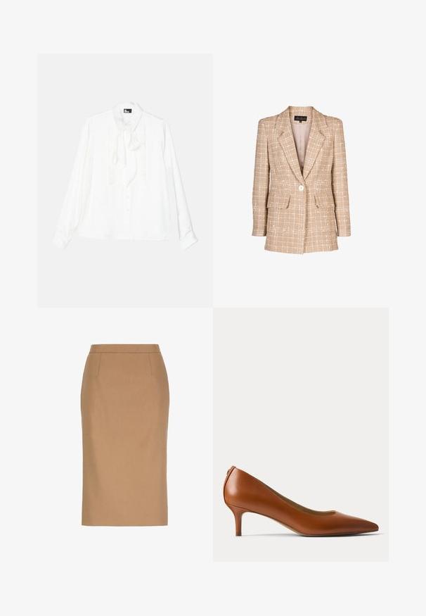 Beige tweed blazer med et tjekket mønster, frontknaplukning og to klaplommer. Har en smal krave og lange ærmer.; Hvid langærmet skjorte med flæsefront, knaplukning og bindebånd om halsen. Glat tekstur med klassisk krave og afslappet pasform.; Beige knælængde blyantsnederdel med høj talje og subtile sømdetaljer foran.; Brun læder pump med lav hæl og spids tå vist fra siden på en ensartet lys baggrund.