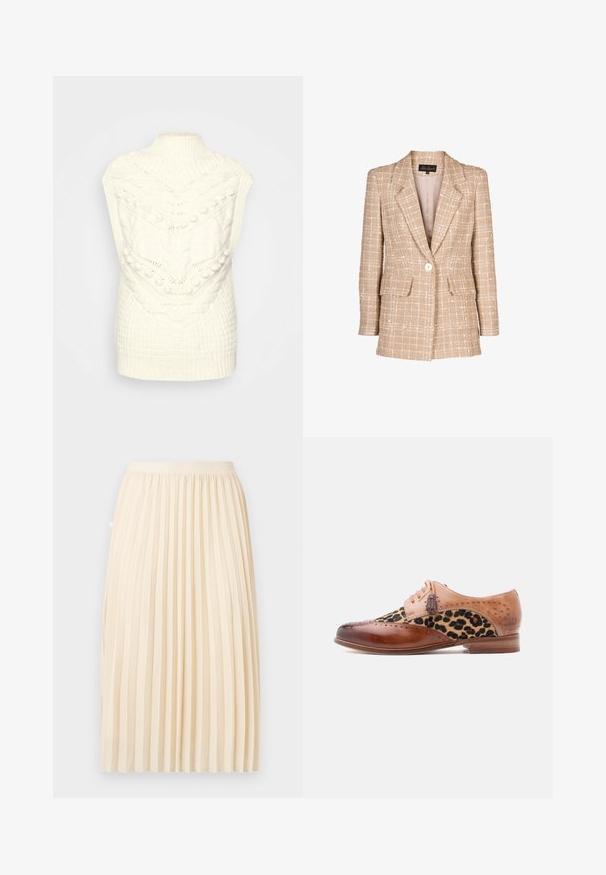 Blazer de tweed beige con un patrón de cuadros, cierre frontal con botones y dos bolsillos de solapa. Presenta un cuello con muesca y mangas largas.; Chaleco de punto color crema con un alto cuello acanalado y patrones texturizados, incluyendo trenzas y pompones, que proporcionan un aspecto acogedor.; Falda midi plisada color crema con una cinturilla ajustada, colgando recta contra un fondo liso.; Zapato de vestir de cuero marrón con panel de tela estampada de leopardo, detalles de brogue, adornos de cordones con borlas y un tacón bajo de madera.