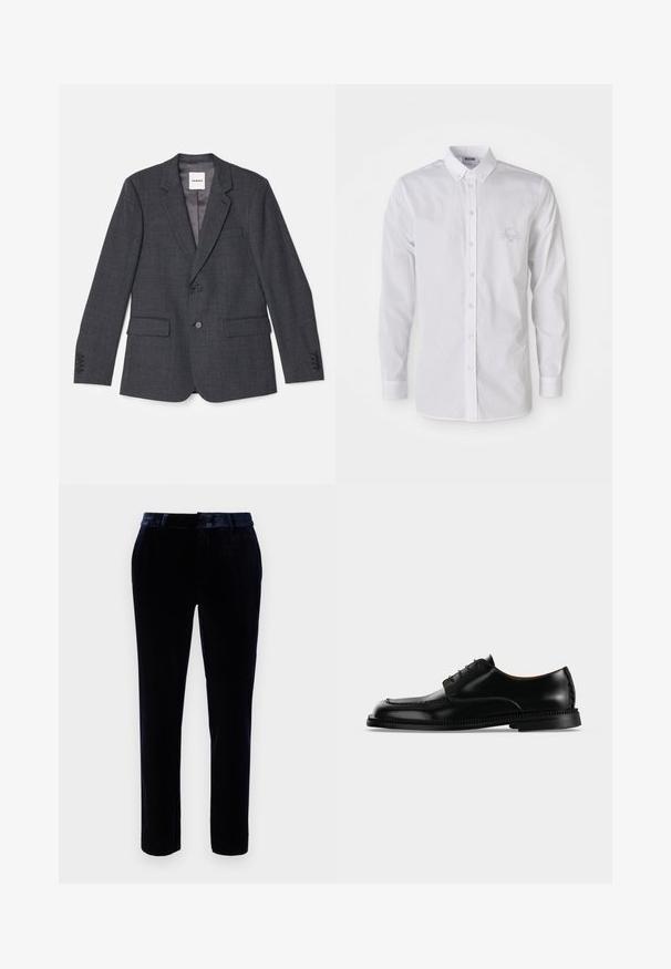Blazer tailleur gris en tissu tissé, avec une fermeture à un bouton, deux poches avant et un col cranté.; Chemise blanche à manches longues, à col boutonné, avec un logo brodé discret sur la poitrine gauche.; Pantalons en velours bleu foncé avec une taille plate, des passants de ceinture et une coupe ajustée. Texture lisse et légère brillance améliorent l'apparence.; Chaussure habillée en cuir noir brillant à lacets avec une semelle épaisse et détaillée, vue de profil droit sur un fond clair uni.