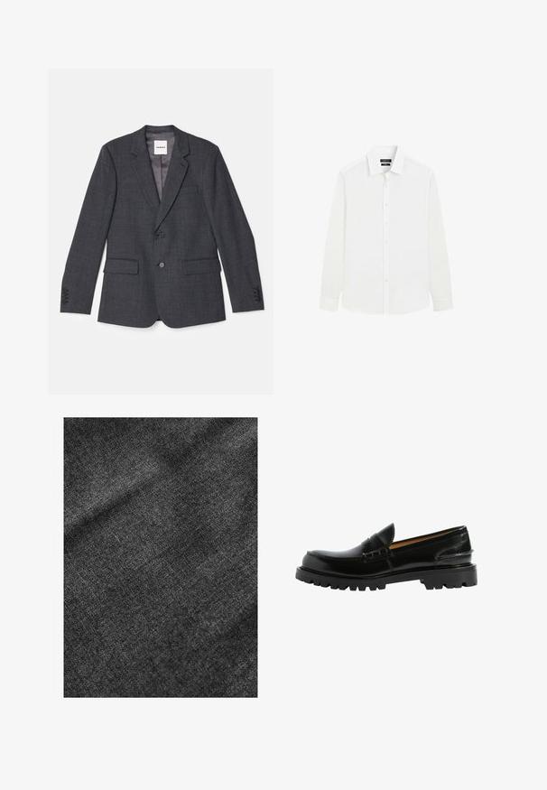 Grå skræddersyet blazer lavet af vævet stof, med en enkelt knaplukning, to forlommer og en notch lapel.; Herre skjorte med lange ærmer i hvid med knaplukning foran og klassisk krave, vist på en ensfarvet hvid baggrund.; Struktureret sort stof med en blød, let skinnende overflade, der viser et subtilt vævemønster og en glat fald.; Sorte læder loafers med en behagelig silhuet, teksturerede detaljer på overdelen og en robust sort gummisål.