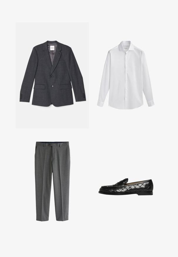 Grå skræddersyet blazer lavet af vævet stof, med en enkelt knaplukning, to forlommer og en notch lapel.; Hvid langærmet skjorte med knapper og spread krave, lavet af glat stof. Har en lige afslutning og enkeltknapsmanchetter.; Herre grå skræddersyede bukser med sidelommer, bæltestropper og en knaplukning i taljen.; Sorte læderloafers med vævet tekstur, rund tå og flad gummisål. Har en dekorativ rem tværs over vristen.