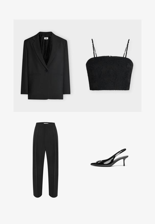 Blazer negro de un botón con solapas con muesca y dos bolsillos de ojal delanteros, colgado sobre un fondo blanco liso.; Top corto negro con tirantes delgados ajustables y textura jacquard floral sobre un fondo claro liso.; Pantalones de pierna ancha negros con una cintura alta, con una textura suave y dos plisados frontales. Diseñados con una silueta limpia y ajustada.; Tacones slingback de charol negro con punta afilada y acabado brillante. Presentan un tacón delgado y un acento redondeado en el empeine.