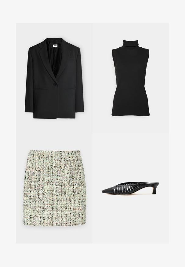 Blazer negro de un botón con solapas con muesca y dos bolsillos de ojal delanteros, colgado sobre un fondo blanco liso.; Top negro sin mangas de cuello alto hecho de tela acanalada, con un cuello alto y una silueta ajustada. Textura suave con un diseño mínimo.; Minifalda de tweed en verde claro, con una tela texturizada que presenta motas multicolores, dos bolsillos frontales y acentos de botones plateados.; Zapato mule de cuero negro con punta afilada, diseño de tiras con recortes y tacón bajo tipo kitten sobre fondo blanco.