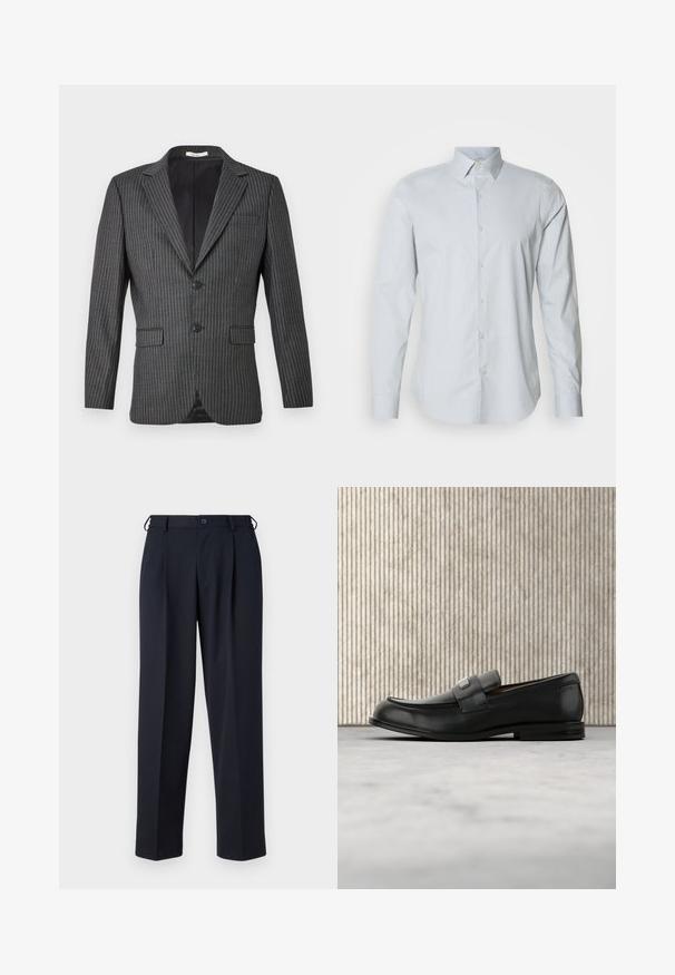Grijs gestreepte blazer met twee knopen, notch-lapel en twee voorkruippockets; heeft fijne witte verticale lijnen op een donkere stof.; Lichtblauw overhemd met lange mouwen, subtiele verticale strepen, knopenvoorzijde en puntige kraag op een effen achtergrond.; Donkerblauwe op maat gemaakte broek met knoop- en ritsluiting aan de voorkant, riemlussen en zijzakken, getoond op een witte achtergrond.; Zwarte leren loafer met een metalen merktekenplaatje, rustend bij een bruine ronde tafel op een beige tapijtvloer.