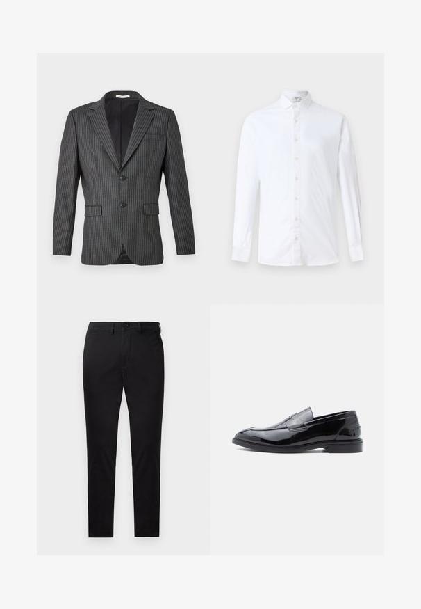 Grau gestreifte Blazer mit zwei Knöpfen, Reverskragen und zwei vorderen Taschen; zeichnet sich durch feine weiße vertikale Linien auf einem dunklen Stoff aus.; Weißes Langarm-Hemd mit Knöpfen aus Baumwolle, klassischem Kragen, geradem Schnitt und glatter Textur mit passenden Knöpfen.; Schwarze Slim-Fit-Hose mit Knopf- und Reißverschluss, Gürtelschlaufen und ohne sichtbare Taschen, gezeigt vor weißem Hintergrund.; Schwarze Loafer aus Lackleder mit glatter Oberfläche, abgerundetem Zehenbereich und dekorativem Riemendetail, mit flachem Profil und Gummisohle.
