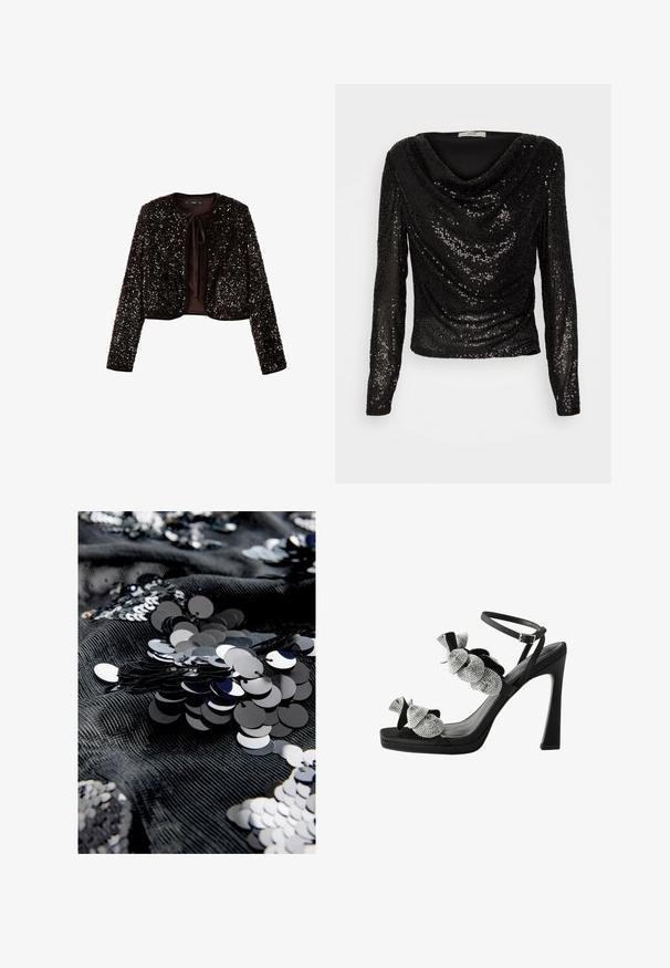 Brun pailletjakke med lange ærmer, cropped design, rund halsudskæring og frontknaplukning. Blød tekstur med skinnende pynt over det hele.; JDY JDYCARMEN GLITTER FALL BLOUSE - Langærmet T-shirt - black; Sort stof med tekstureret overflade har et arrangement af skinnende sorte og sølvfarvede pailletter i cirkulære former, der skaber et reflekterende mønster.; Sorte højhælede sandaler med en tyk platform, prydet med sølv rhinestones og blomsterstofdetaljer på stropperne.