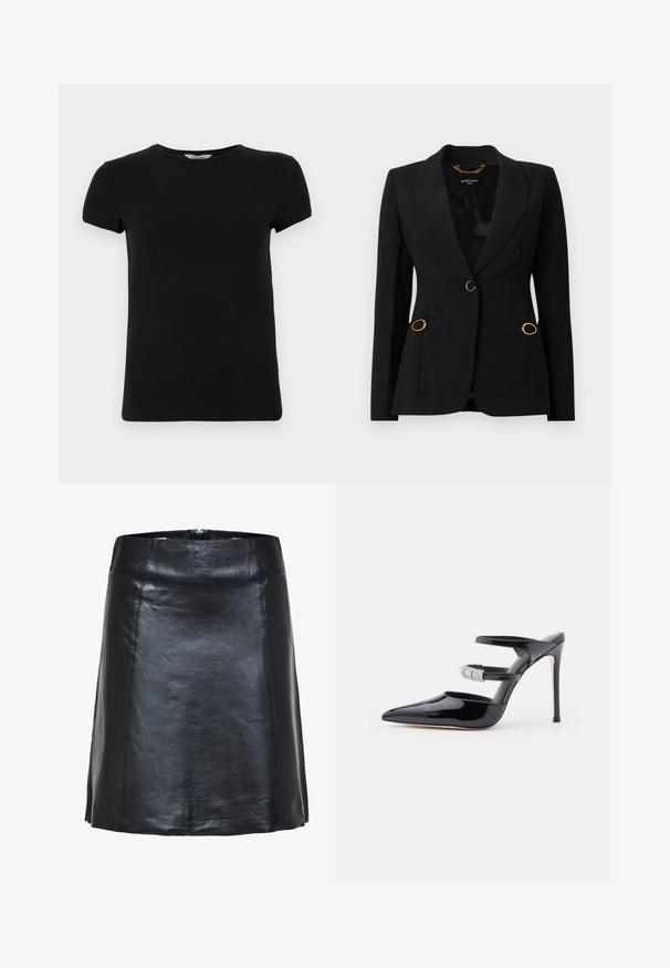 Zwarte blazer met een slank ontwerp, éénknopsluiting, twee zijzakken met gouden accenten en opstaande revers. Glad stoffen oppervlak.; Zwart t-shirt met korte mouwen en ronde hals, gemaakt van soepel katoen, met een eenvoudig ontwerp en zonder zichtbare patronen of accenten.; Zwarte leren A-lijn rok met zichtbare stiksels en een lichte glans, met een hoge taille en een korte zoom.; Zwarte gepatineerde leren hoge hak mules met spitse neus, twee banden over de voet, waarvan er één is versierd met rhinestones, op een witte achtergrond.