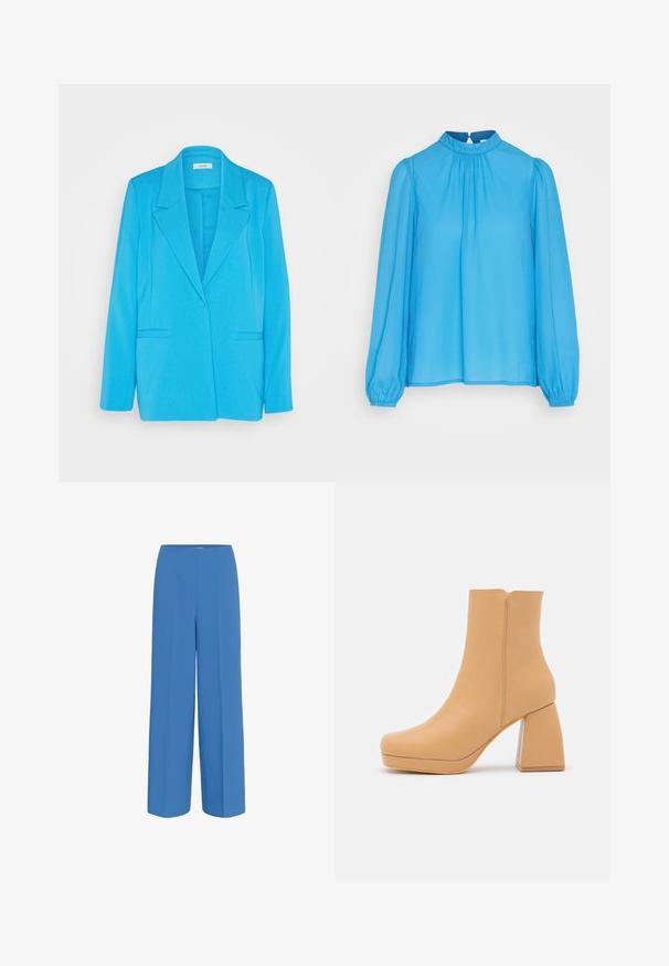 mbyM MAETTA - Blazer - malibu blue; Lichtblauw blouse van een gladde stof, met een mandarin kraag, lange poffende mouwen en een open rugsluiting met een sleutelgat.; Blauwe wijde broek van soepel materiaal, met een voorplooien en een platte tailleband zonder zichtbare sluitingen.; DeeZee Enkellaarsjes met plateauzool - dark beige