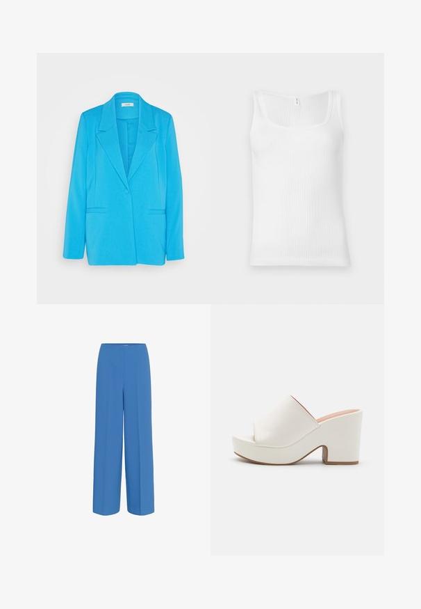 mbyM MAETTA - Blazer - malibu blue; Top sin mangas blanco de canalé con escote rectangular y tirantes anchos. La tela tiene una apariencia texturada y elástica.; Pantalones de pierna ancha azules, confeccionados con un tejido suave, que presentan un pliegue frontal y una cinturilla plana sin cierre visible.; Mules blancos de plataforma con un acabado suave, diseño de punta abierta y un tacón grueso. Presenta una costura superior sutil y una suela en contraste.