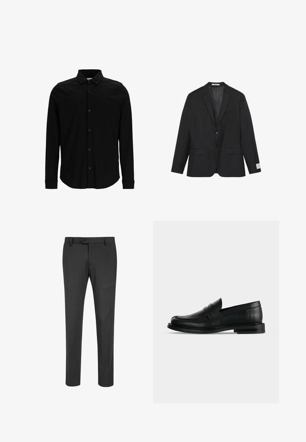 Blazer negro de dos botones con solapas con muesca, dos bolsillos delanteros con solapa y un bolsillo en el pecho, mostrado sobre un fondo blanco.; Camisa negra de manga larga hecha de una tela suave, con frente abotonado, cuello y un discreto logo bordado en el pecho.; Pantalones formales negros confeccionados en tejido suave, con un corte ajustado, cierre de botón y dos bolsillos frontales. Diseño de pierna recta.; Mocasín penny negro de cuero para hombre con tacón bajo y apilado y puntera redondeada, mostrado de lado sobre un fondo gris claro.