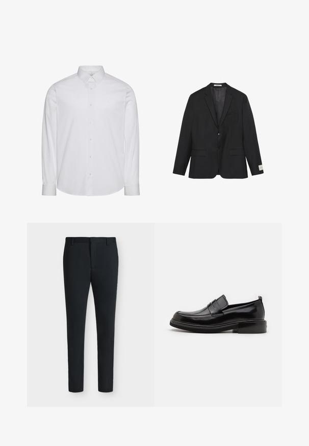 Blazer negro de dos botones con solapas con muesca, dos bolsillos delanteros con solapa y un bolsillo en el pecho, mostrado sobre un fondo blanco.; Camisa blanca de manga larga con botones, hecha de algodón. Presenta un cuello estándar, tapeta frontal con botones y dobladillo redondeado. Logo de la marca discreto.; Pantalones de vestir negros de corte ajustado con trabillas, cremallera frontal y sin bolsillos visibles, mostrados sobre un fondo blanco liso.; Calvin Klein MOCCASIN - Mocasines elegantes - black