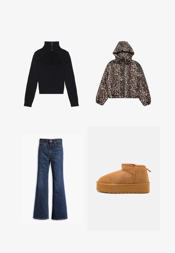 Veste crop en imprimé léopard dans des nuances de marron et de beige, dotée d'une capuche, d'une fermeture zippée et de poignets et d'un ourlet élastiques.; Pull en maille noire avec un col montant, doté d'une fermeture à zip et d'un design de dos ouvert. Texture en tricot torsadé sur l'ensemble.; Jeans en denim bleu foncé taille haute avec jambes évasées, fermeture à boutons et zip à l'avant, et conception à cinq poches.; Bottines en nubuck marron avec un bout arrondi, une conception basse et une semelle en caoutchouc texturée comportant une légère plateforme et une languette.