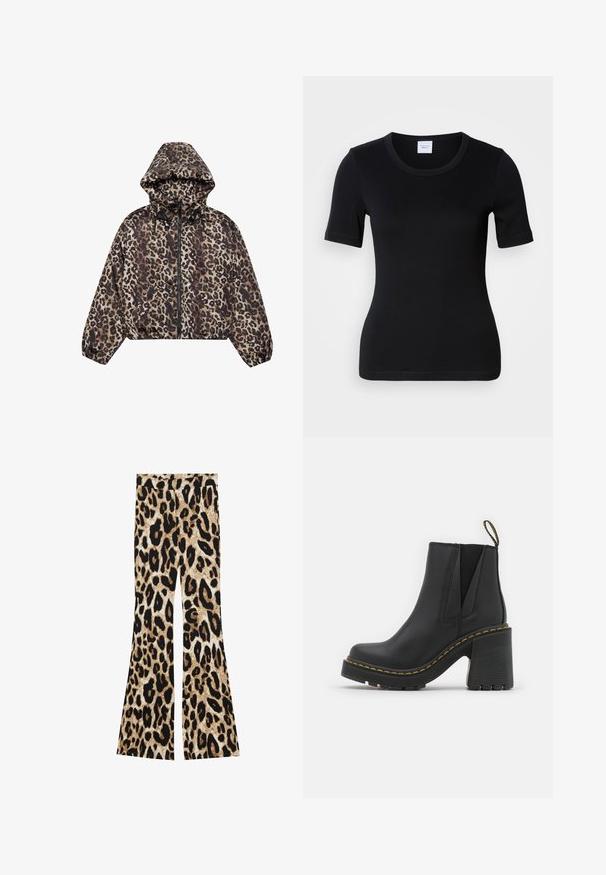 Zkrátená bunda s leopardím vzorom v odtieňoch hnedej a béžovej, s kapucňou, zipsovým zapínaním a elastickými manžetami a dolným lemom.; Čierne tričko s krátkym rukávom vyrobené z mäkkej bavlny. Má okrúhly výstrih a priliehavý strih s minimálnymi švami.; Rozšírené nohavice s leopardím vzorom v čiernych a hnedých odtieňoch, rebrovanou textúrou a vysokým pásom.; Čierne kožené členkové čižmy s blokovým podpätkom. Majú elastické bočné panely a žlté šitie pozdĺž podrážky. Textúrovaná gumová podrážka.