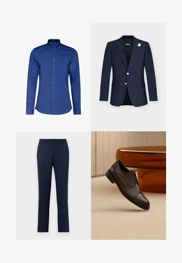 Marineblauer, taillierter Blazer mit Revers mit Kerben, Zwei-Knopf-Verschluss, Pattentaschen, schwarzem Innenfutter und weißer Reversblumen-Anstecknadel.; Langärmliges, geknöpftes Hemd aus dunkelblauem Stoff mit glatter Textur, versehen mit einer durchgehenden Knopfleiste und abgerundetem Saum. Dezenter Glanz auf dem Stoff.; Marineblaue maßgeschneiderte Hose mit Gürtelschlaufen, Reißverschluss vorne und geradem Bein, vor einem schlichten weißen Hintergrund.; Dunkelbrauner Leder-Oxfordschuh mit Kappzehe schwebt über einem beigen Teppich, im Hintergrund ein bernsteinfarbener ovaler Kaffeetisch.