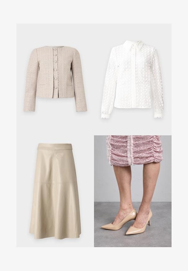 Beige tweed blazer med rund halsudskæring, frontknaplukning og lange ærmer. Har et tekstureret mønster og en subtil glans.; Hvid bluse lavet af lace-lignende stof med en klassisk krave, lange ærmer med scalloped manchetter og en knaplukning foran med dekorative detaljer.; Beige high-waist A-line lædernederdel med synlige sømdetaljer henover midten og tæt ved linningen.; Beige patenteret læderhæle med spids tå og slank hæl. Glat tekstur med et strømlinet design. Båret med en pink glitrende kjole.
