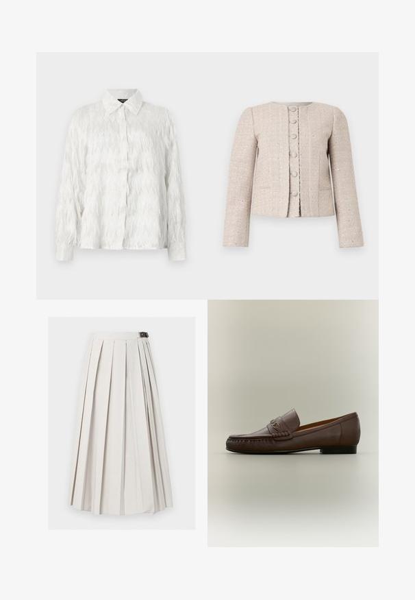 Beige tweed blazer met een ronde halslijn, een sluiting met knopen aan de voorkant en lange mouwen. Heeft een gestructureerd patroon en een subtiele glans.; Witte button-up shirt met een gestructureerd zigzagpatroon en rafelige accenten, met een klassieke kraag en lange mouwen.; Lange witte geplooide rok met een zij gesp sluiting, plat weergegeven tegen een witte achtergrond.; Bruine leren loafer met een metalen bitdetail aan de voorkant en een lage zwarte hak, zijaanzicht op een neutrale achtergrond.