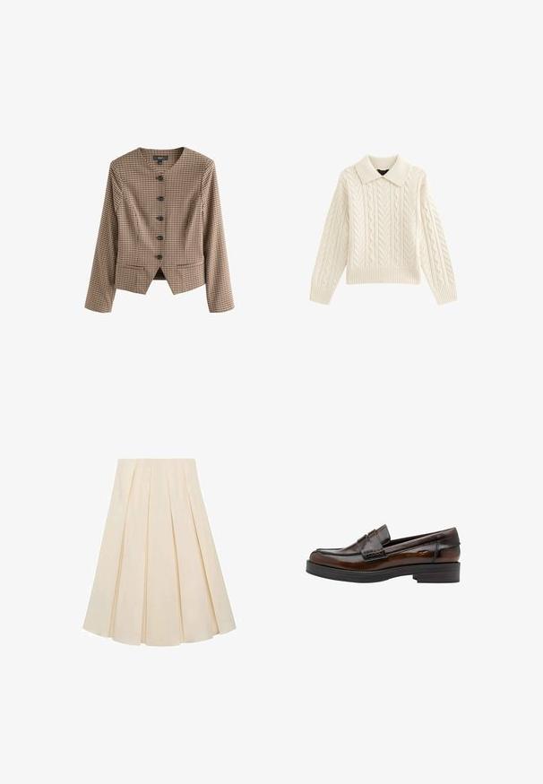 Brunternet blazer med lange ærmer, v-udskæring og seks sorte knapper. Har to forlommer og en skræddersyet pasform. Glat tekstur.; Cable-knit trøje i creme, med krave, ribbet kant og lange ærmer med teksturerede mønstre. Blødt, strikket stof.; Plisseret nederdel i cremefarvet stof; har en blød tekstur, mellemlang design og symmetriske plisseringer, der strækker sig fra taljen til kanten.; Brun læder herreloafer med mokasintåsømme, penny-strop og lav stakket hæl, vist i profil mod hvid baggrund.