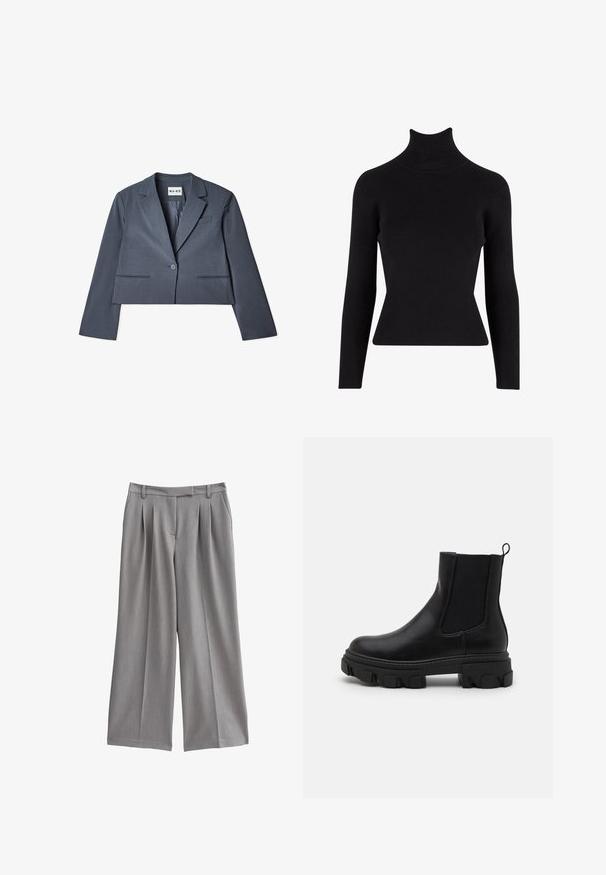 Blazer gris raccourci en tissu lisse, doté de deux poches avant, d'une fermeture à un seul bouton et d'un col cranté. Doublure visible à l'intérieur.; Pull à col roulé noir à côtes avec des manches longues, silhouette ajustée, tissu texturé et col haut.; Pantalons larges gris avec un devant plissé, fabriqués à partir d'un tissu lisse. Dotés d'une taille plate avec passants de ceinture et de poches latérales.; Bottines en cuir noir avec des panneaux latéraux élastiques, semelle en caoutchouc épaisse et une languette. Présente une texture lisse et un motif de semelle défini.