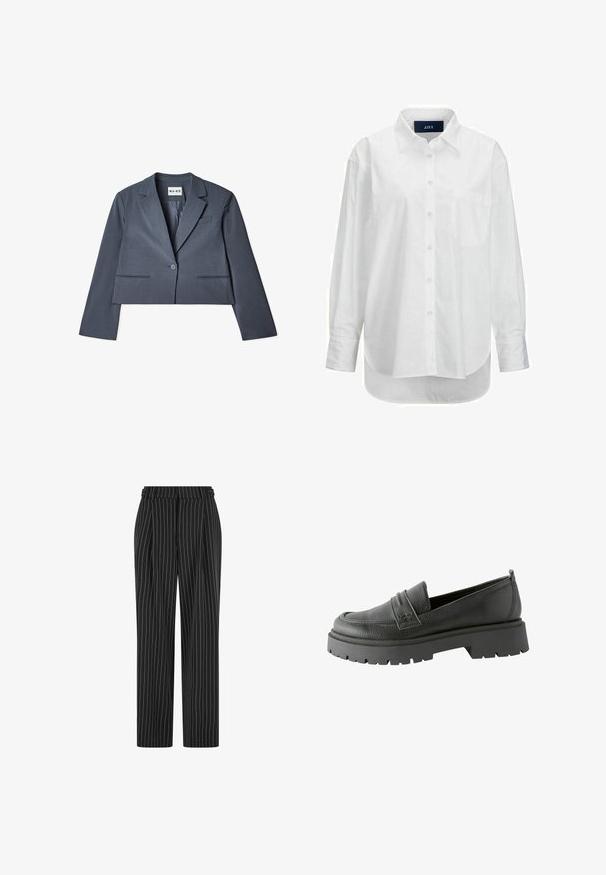 Gekürzter grauer Blazer aus glattem Stoff mit zwei vorderen Taschen, einem Ein-Knopf-Verschluss und einem Reverskragen. Futter ist innen sichtbar.; Weißes Langarmhemd aus glattem Baumwollstoff mit Button-Down-Kragen, Brusttasche und abgerundetem Saum. Verfügt über eine Schulterpasse für zusätzliche Struktur.; Schwarze Nadelstreifenhose mit hoher Taille, gefaltetem Vorderteil und geradem Bein. Der Stoff wirkt strukturiert und ist maßgeschneidert für einen formellen Look.; Schwarze Lederloafer mit strukturiertem Finish, auffälligen Stichdetails und dicker schwarzer Gummisohle mit rutschfestem Muster.