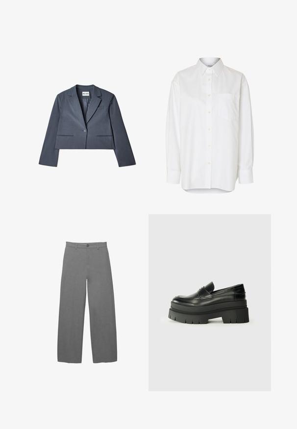 Blazer gris raccourci en tissu lisse, doté de deux poches avant, d'une fermeture à un seul bouton et d'un col cranté. Doublure visible à l'intérieur.; Chemise blanche à manches longues boutonnée avec col pointu et poche poitrine, présentée sur un fond uni.; Pantalon gris clair à jambes larges avec un tissu texturé et lisse, doté d'une fermeture à boutons à l'avant et de passants pour ceinture à la taille.; Mocassins en cuir noir avec une semelle plateforme épaisse. Bout arrondi, détail de couture sur le devant et accents de surpiqûres subtils. Semelle plate et texturée.
