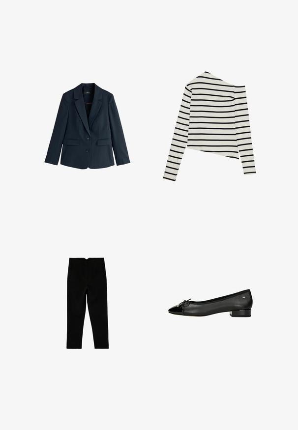 Marineblauer, maßgeschneiderter Blazer mit spitzem Revers, zwei Knöpfen, langen Ärmeln und Pattentaschen auf weißem Hintergrund.; Gestreiftes Langarmoberteil mit schulterfreiem Design, aus leichtem Stoff gefertigt. Farben: Creme mit schwarzen horizontalen Streifen.; Schwarze, maßgeschneiderte, knöchellange Hose mit Seitentaschen und leicht zulaufendem Bein, flach auf weißem Hintergrund ausgelegt.; Schwarze Ballerinas mit spitzem Zehenbereich, aus Leder gefertigt, mit Lackleder-Akzent an der Zehe und einem niedrigen Blockabsatz. Verfügt über ein Schleifen-Detail.