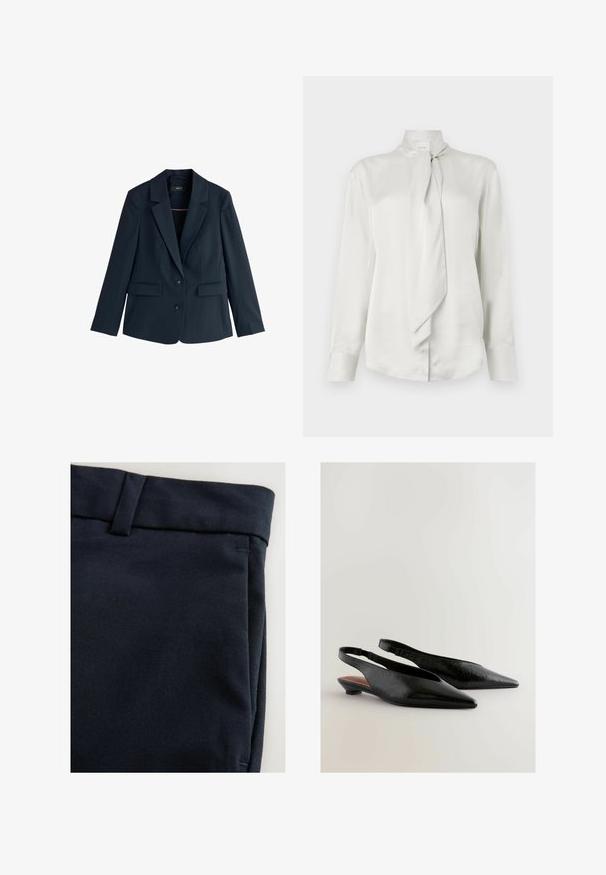Blazer bleu marine cintré avec revers crantés, deux boutons, manches longues et poches à rabat sur fond blanc.; Blouse blanche à manches longues avec un col haut et un détail de foulard noué sur le devant, en tissu lisse semblable à du satin.; Pantalons bleu marine en tissu lisse et texturé. Présentent une coupe droite avec une taille simple et des coutures latérales.; Des chaussures à talons ouverts noires avec un design à bout pointu, présentant une surface texturée et un petit talon carré. L'intérieur a un accent marron.