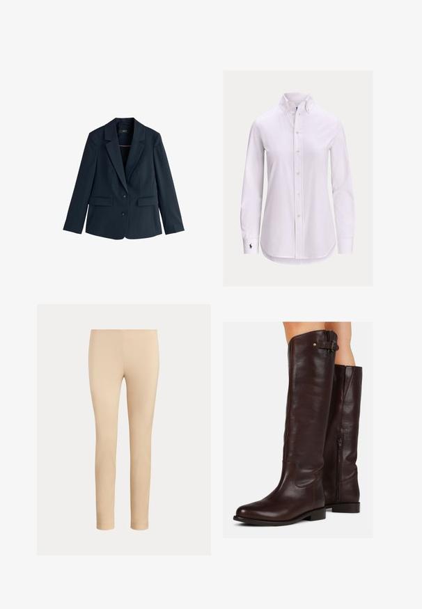 Marineblå skræddersyet blazer med hakkede revers, to knapper, lange ærmer og klaplommer på hvid baggrund.; Hvid langærmet skjorte med knapper foran, knappet krave og lille broderet logo på venstre manchet.; Beige slim-fit ankellange bukser med en glat finish og uden synlige lommer eller pynt på en ensfarvet baggrund.; Brune læder knæhøje støvler med rund tå, side lynlås og en lille spænde detalje øverst, med en glat overflade.