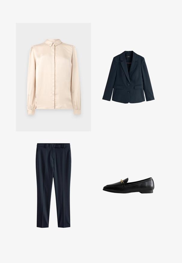 Marineblauw op maat gemaakte blazer met inkepingkraag, twee knopen, lange mouwen en klepzakken op een witte achtergrond.; Beige satijnen overhemd met lange mouwen, met een button-down kraag, een voorplat en gathering in de mouwen bij de manchetten. Glad, glanzend textuur.; Marineblauwe broek van gladde stof met een rechte snit, voorzien van een tailleband met riemlussen en zijzakken.; Zwarte leren loafers met een spitse neus, voorzien van een gouden sluiting. De schoen heeft een lage hak en een gladde textuur.