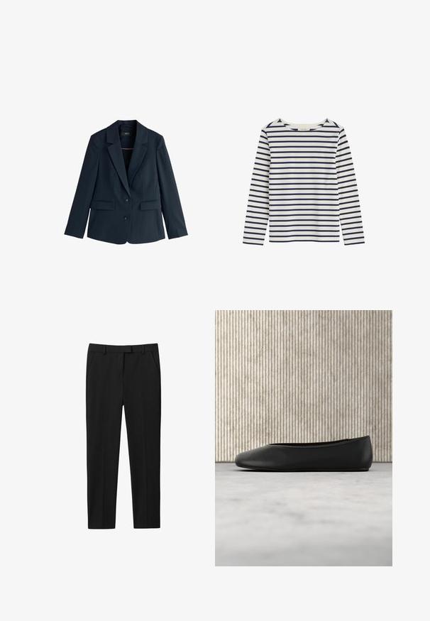 Blazer azul marino entallada con solapas de muesca, dos botones, mangas largas y bolsillos con solapa sobre fondo blanco.; Camisa de manga larga blanca con rayas horizontales azul marino y escote redondo, extendida sobre un fondo blanco.; Pantalones negros con un diseño ajustado, con frente plano, dos bolsillos laterales y corte recto. Fabricados en un tejido suave con un brillo sutil.; Bailarinas de cuero negro con punta redondeada, textura suave y un acento de logo dorado en el costado. Posicionadas sobre una superficie reflectante.