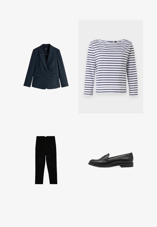 Blazer azul marino entallada con solapas de muesca, dos botones, mangas largas y bolsillos con solapa sobre fondo blanco.; Top de rayas de manga larga en blanco y azul marino, con escote barco y un corte relajado. Fabricado en suave material de algodón con dobladillos cosidos.; Pantalones negros a medida hasta el tobillo con bolsillos laterales y pierna ligeramente entallada, mostrados extendidos sobre un fondo blanco.; Mocasines de piel negra con una textura suave, que presentan un detalle trenzado en la parte superior y un tacón bajo y redondeado. Diseño y forma simples.