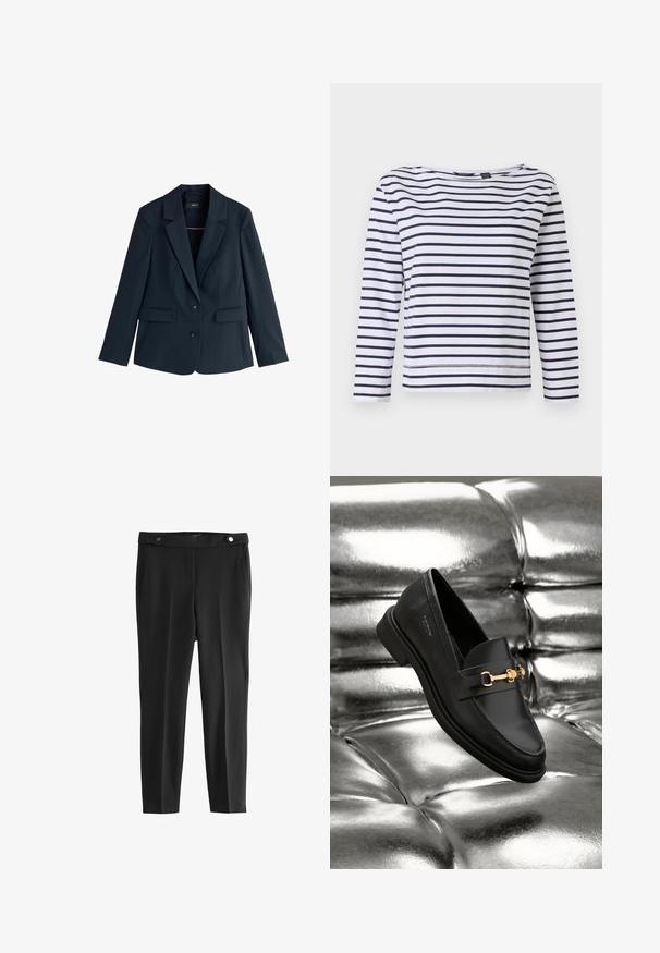 Marineblauer, maßgeschneiderter Blazer mit spitzem Revers, zwei Knöpfen, langen Ärmeln und Pattentaschen auf weißem Hintergrund.; Gestreiftes langärmeliges Oberteil in Weiß und Navy mit Bootsausschnitt und lockerer Passform. Hergestellt aus weichem Baumwollmaterial mit genähten Säumen.; Schwarze, maßgeschneiderte Hose mit glatter Textur, ausgestattet mit zwei vorderen Taschen und einem Taillenbund mit zwei runden schwarzen Knöpfen.; Schwarze Leder-Loafer mit goldfarbener Hardware. Der Schuh zeichnet sich durch ein elegantes Design und eine glatte, glänzende Oberfläche aus.