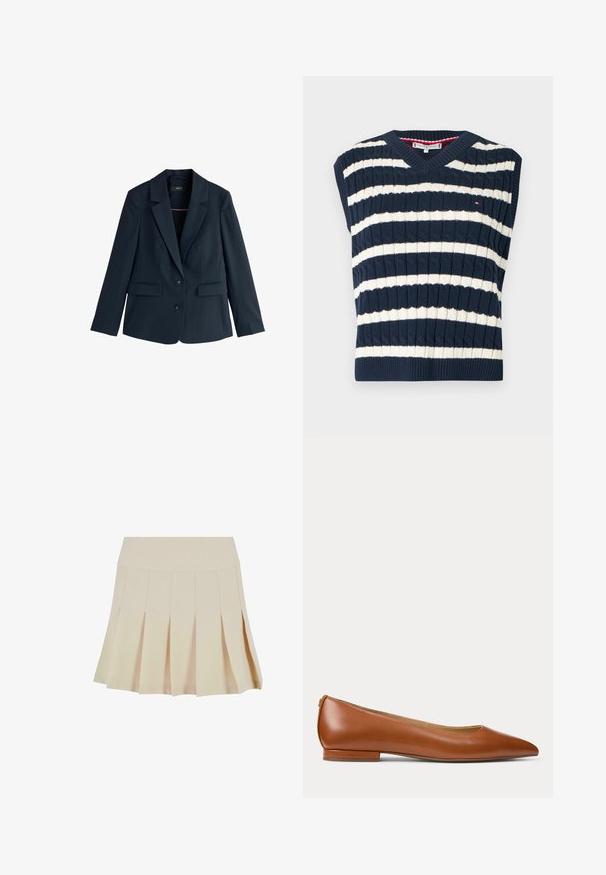 Marineblauer, maßgeschneiderter Blazer mit spitzem Revers, zwei Knöpfen, langen Ärmeln und Pattentaschen auf weißem Hintergrund.; Ärmellose Strickweste mit Marineblau- und Cremestreifen, V-Ausschnitt und gerippter Struktur. Verfügt über ein kleines Logo auf der Brust.; Beige Faltenrock mit einem taillierten Bund, aus einem glatten Stoff gefertigt. Verfügt über mehrere vertikale Falten und einen geraden Saum.; Brauner Leder-Flachschuh mit spitzer Kappe, niedrigem Absatz und minimalistischem Design auf hellem einfarbigem Hintergrund.
