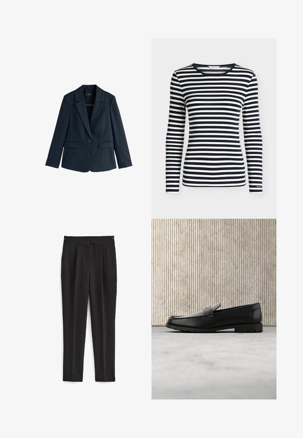 Marineblauer, maßgeschneiderter Blazer mit spitzem Revers, zwei Knöpfen, langen Ärmeln und Pattentaschen auf weißem Hintergrund.; Langarmshirt mit marineblauen und weißen horizontalen Streifen und rundem Ausschnitt, mit GANT-Logo am Ärmelbündchen.; Schwarze Hosen mit maßgeschneidertem Schnitt, mit flachem Front, zwei seitlichen Taschen und einem sauberen, nahtlosen Design. Hergestellt aus einem glatten, atmungsaktiven Stoff.; Schwarze Lederloafers mit einer hervorgehobenen Naht, goldenem Akzentlogo und strukturiertem Riemen. Mit einer dicken, strapazierfähigen Gummisohle.