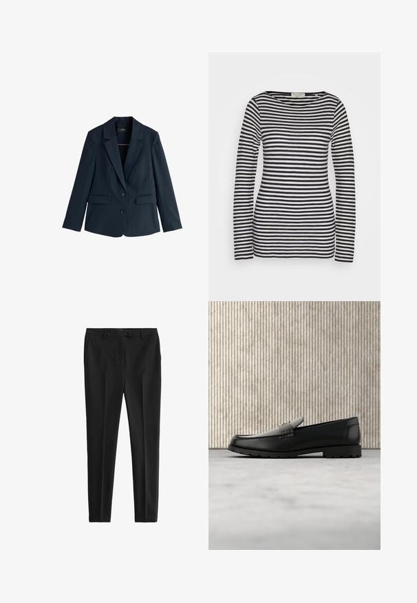 Marineblauw op maat gemaakte blazer met inkepingkraag, twee knopen, lange mouwen en klepzakken op een witte achtergrond.; Top met lange mouwen van katoen, met horizontale marineblauwe en witte strepen, ronde hals, strakke pasvorm, met een gladde textuur en minimalistisch ontwerp.; Zwarte broek van een gladde, lichtgewicht stof. Kenmerkt zich door een getailleerde pasvorm, voorplooien en standaard riemlussen met zij- en achterzakken.; Zwarte leren loafers met een verhoogde naad, gouden accentlogo en gestructureerde band. Voorzien van een dikke, duurzame rubberen zool.